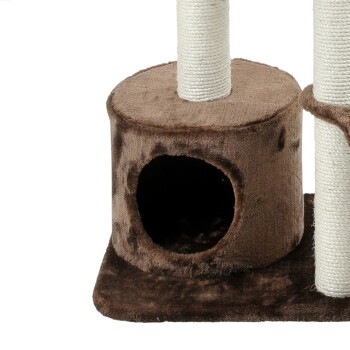 Braunes Plüsch-Katzenhaus mit rundem Höhlenloch und zwei weißen, mit Sisal umwickelten Kratzpfosten auf rechteckigem Sockel.