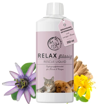 Flasche "Relax Rescue Liquid" für Haustiere, 250 ml, mit einem rosa Etikett, das eine Katze und Blumen zeigt, fördert Ruhe und Stressabbau.