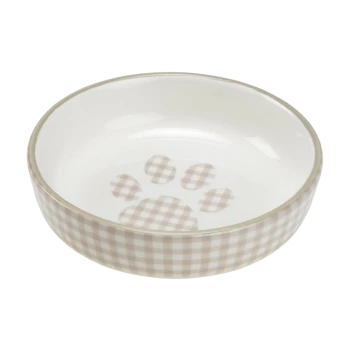 Ceramic pet food bowl with a beige gingham pattern and a subtle paw print design on the inside.
