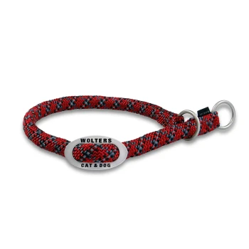 Rotes und schwarzes geflochtenes Wolters Halsband für Katze und Hund mit Metallringen und Logomarke.