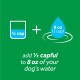 Instructions for adding ½ capful of a product to 8 oz of a dog's water, displayed on a green background.