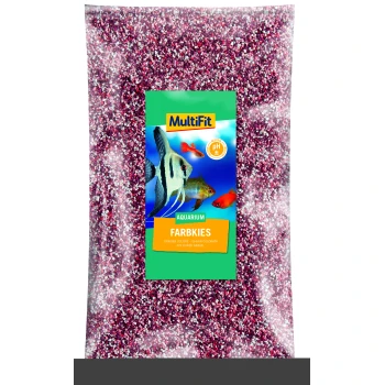 Eine Tüte MultiFit Aquarienfarbsteine, mit rosa und weißen Kieselsteinen, Bildern von tropischen Fischen und dem Text "AQUARIUM FARBKIES".