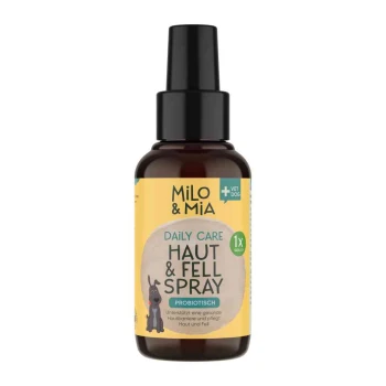 Milo & Mia Daily Care Haut & Fell Spray für Hunde, probiotische Formel, unterstützt gesunde Haut und Fell, 100ml Flasche.