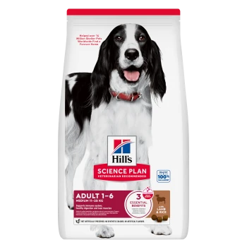 Hill's Science Plan Adult 1-6 Medium dog food with lamb & rice, supports immune system, healthy digestion, and lean muscles.