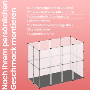 Modulares Haustiergehege-Kit enthält 8 (30x30 cm) und 12 (40x30 cm) Kunststoffplatten, wasserdichtes Gewebe, Verbinder, Kabelbinder und einen Hammer.