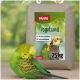 Grüner Wellensittich putzt sich vor einer PANTO Vogelsand 25 kg-Tüte mit einem Nymphensittich-Bild und grünem Blattdesign.