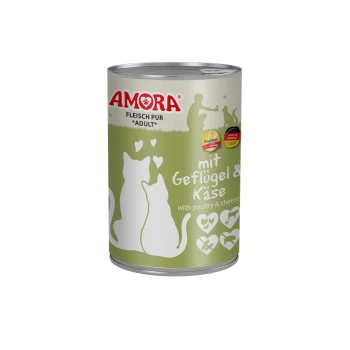 Dose AMORA Katzenfutter für Erwachsene, grünes Etikett mit weißen Katzensilhouetten; Aufschrift 'mit Geflügel & Käse'.