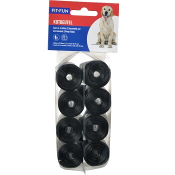 Black poop bags in a clear packaging, featuring 8 rolls with 20 bags each, labeled "FIT+FUN KOTBEUTEL" with a dog image.