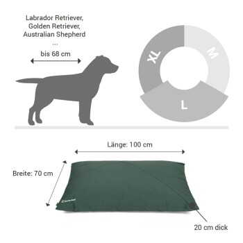 Hundebett Maße: 100 cm lang, 70 cm breit, 20 cm dick; geeignet für Rassen wie Labrador Retriever und Australian Shepherd.