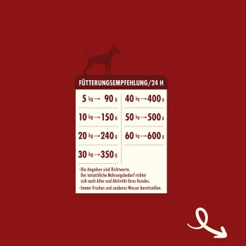 Fütterungsempfehlungen für Hunde, die tägliche Futtermengen basierend auf dem Gewicht (5 kg bis 60 kg) auflisten, mit einer Silhouette eines Hundes darüber.