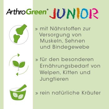 ArthroGreen JUNIOR Produktbild mit Text über Nährstoffe für Muskeln, Sehnen und Bindegewebe, geeignet für Welpen und Kätzchen.