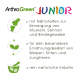 ArthroGreen JUNIOR Produktbild mit Text über Nährstoffe für Muskeln, Sehnen und Bindegewebe, geeignet für Welpen und Kätzchen.