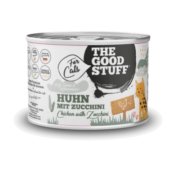 Dose Katzenfutter mit der Aufschrift 'THE GOOD STUFF' und 'For Cats' — Huhn mit Zucchini (Chicken with Zucchini), mit gezeichneter orangefarbener Katzenillustration