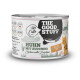 Dose Katzenfutter mit der Aufschrift 'THE GOOD STUFF' und 'For Cats' — Huhn mit Zucchini (Chicken with Zucchini), mit gezeichneter orangefarbener Katzenillustration