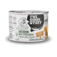 Dose Katzenfutter mit der Aufschrift 'THE GOOD STUFF' und 'For Cats' — Huhn mit Zucchini (Chicken with Zucchini), mit gezeichneter orangefarbener Katzenillustration
