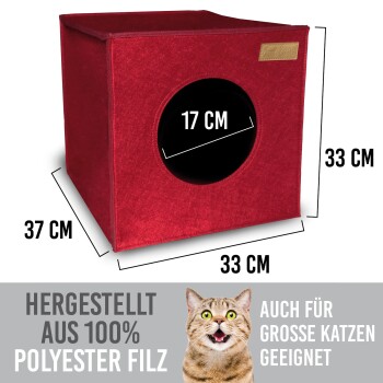 Rotes Katzenhaus mit einem runden Eingang von 17 cm, Abmessungen 33 cm x 33 cm x 37 cm, aus 100 % Polyesterfilz gefertigt.