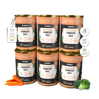 Sechs Dosen Alphazoo Senior Hundefutter mit Kaninchen und Kalb, mit Karotten und Brokkoli, gekennzeichnet als getreidefrei und mit hohem Fleischanteil.