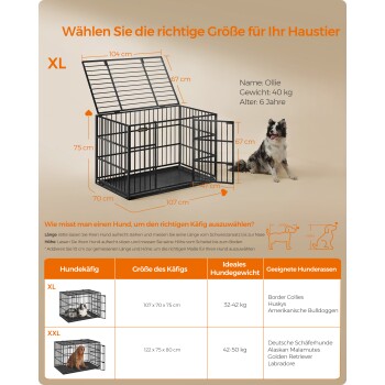 Bild eines großen schwarzen Hundekäfigs mit der Aufschrift "XL" und den Abmessungen 107 x 70 x 75 cm, mit einem Hund namens Ollie, der 40 kg wiegt.