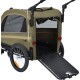 Ein grüner Haustierwagen mit einem Netz vorne, großen Rädern und einer klappbaren Rückrampe für einfachen Zugang für Haustiere.
