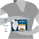 Boîte Purina Gourmet Perle pour chat avec chat blanc à poils longs, bol de filets en sauce, étiquette « GOURMET Perle » et 143 mm