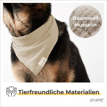 Eine Nahaufnahme eines Hundes, der ein hellbeiges Baumwoll-Musselintuch trägt, mit dem Markenetikett "piupet." Der Text lautet "Tierfreundliche Materialien."