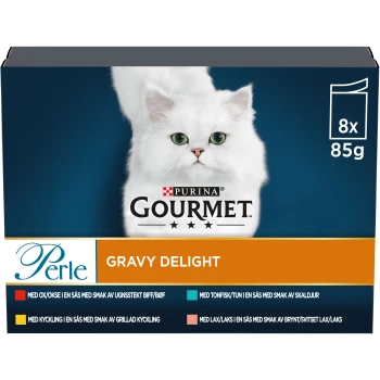Eine Packung Purina Gourmet Gravy Delight Katzenfutter, mit einer weißen Katze auf der Vorderseite, mit Geschmacksrichtungen wie Rind, Thunfisch, Huhn und Lachs.