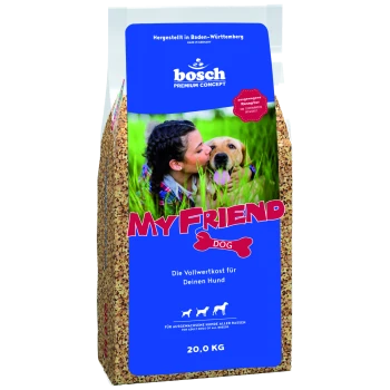 Ein 20 kg Sack Bosch Hundefutter mit der Aufschrift "My Friend Dog" auf blauem Hintergrund und deutschem Text für vollständige Hundenahrung.