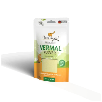 Verpackung von "Ich liebe meine Katze" Vermal-Pulver für Katzen, mit einer verspielten Katzen-Grafik, grünen und orangefarbenen Farben und Text auf Deutsch.