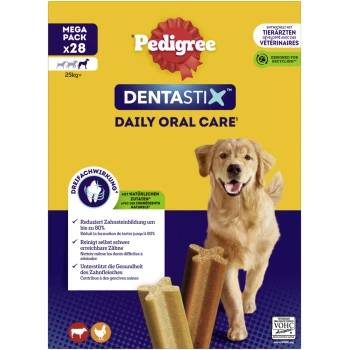 Pedigree Dentastix Daily Oral Care hondensnacks voor honden van 25 kg+, vermindert tandsteen, ondersteunt tandvleesgezondheid, megapack x28.