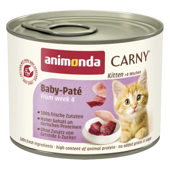 Puszka Animonda Carny Baby-Paté dla kociąt (od 4. tygodnia); etykieta z rudym kociakiem, kawałkami mięsa i napisami 'animonda' 'CARNY'