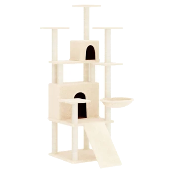 Ein hoher, mehrstöckiger Katzenbaum in einem sanften Beigeton, mit zwei geschlossenen Würfelflächen, mehreren Plattformen, einer Rampe und einer hängenden Schüssel.
