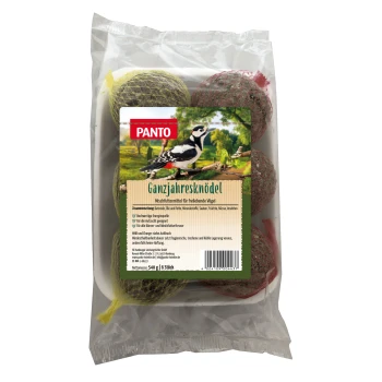 Ein Paket mit Vogelfutterbällen, beschriftet mit "Ganzjahresknödel" für Wildvögel, mit einer Illustration eines Spechts und Nährwertinformationen.