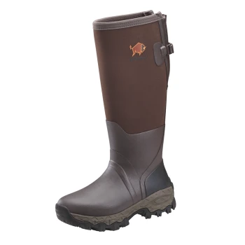 Brauner und dunkelgrauer wasserdichter Outdoor-Stiefel mit robuster Sohle und orangefarbenem Büffel-Logo, beschriftet mit "Gateway 1" am Schaft.