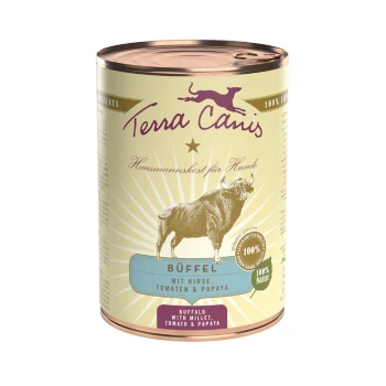 Dose Terra Canis Hundefutter mit einer Büffelillustration, beschriftet mit "Büffel mit Hirse, Tomaten & Papaya" und "100% Natur."