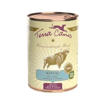 Dose Terra Canis Hundefutter mit einer Büffelillustration, beschriftet mit "Büffel mit Hirse, Tomaten & Papaya" und "100% Natur."