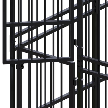 Schwarzer Metallhaustierkäfig mit vertikalen Stäben und einem sicheren Schlossmechanismus, entworfen für die Sicherheit und den Schutz von Haustieren.