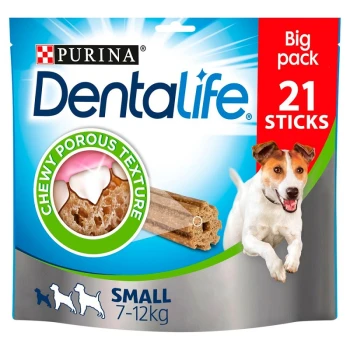 Dental Dog Chews S, 21x Purina Dentalife dog treats, big pack of 21 sticks, designed for small dogs (7-12kg), featuring chewy porous texture.
