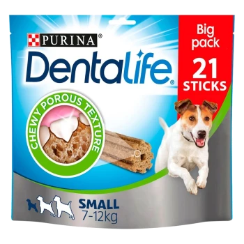 Purina Dentalife dog treats, big pack of 21 sticks, designed for small dogs (7-12kg), featuring chewy porous texture.