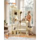 Beiger feandrea von SONGMICS HOME Kratzbaum mit mehreren Katzen und einer Frau, sichtbarer Text „All-in-one-Spielplatz“.