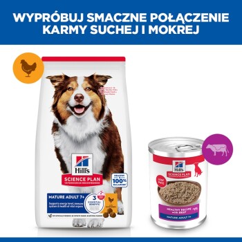 Opakowanie suchej karmy i puszka mokrej z wołowiną (Mature Adult 7+). Nagłówek: 'WYPRÓBUJ SMACZNE POŁĄCZENIE KARMY SUCHEJ I MOKREJ'.