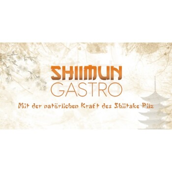 SHIIMUN GASTRO-Logo mit dem Text "Mit der natürlichen Kraft des Shiitake Pilz" auf einem sanften, floralen Hintergrund.