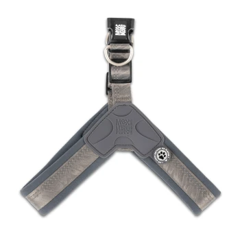 Graues und beiges Max & Molly Urban Pets Hundegeschirr mit schwarzer Schnalle und Metall-D-Ring, auf weißem Hintergrund gezeigt.