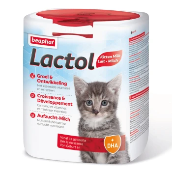 Conteneur de poudre de lait pour chatons Beaphar Lactol avec un mignon chaton gris et un texte multilingue sur la croissance et le développement.