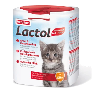 Beaphar Lactol Kittenmilchpulverbehälter mit einem süßen grauen Kätzchen und mehrsprachigem Text über Wachstum und Entwicklung.