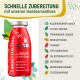 Rote SmoothieDog-Flasche mit der Aufschrift 'Rind – Der SNACK für jeden Hund' unter der Überschrift 'SCHNELLE ZUBEREITUNG mit unseren Hundesmoothies'.