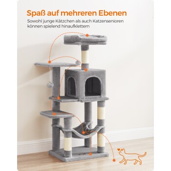 Grauer mehrstöckiger Katzenbaum mit Kratzpfosten, einer gemütlichen oberen Plattform und einem Spielbereich, mit deutschem Text über Spaß für Kätzchen und ältere Katzen.