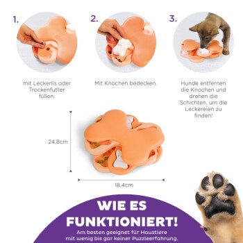 Anleitung für interaktives Hundepuzzle-Spielzeug: Mit Leckerlis füllen, mit Knochen abdecken und Hunde die versteckten Snacks entdecken lassen. Abmessungen: 24,8 cm x 18,4 cm.