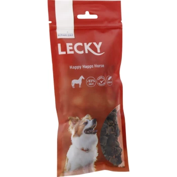 Sac à friandises pour animaux de compagnie rouge étiqueté 'LECKY Happy Happs Horse', avec un chien souriant et indiquant '93% viande', 'protéine unique' et 'sensible'.