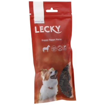 Eine rote Haustier-Leckerlitasche mit der Aufschrift 'LECKY Happy Happs Horse', mit einem lächelnden Hund und den Angaben '93% Fleisch', 'einzelnes Protein' und 'sensibel'.