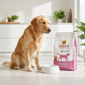 Golden retriever sits beside white bowl and pink-and-white 'Select Gold Medica Veterinary Diet' dog food bag in kitchen. – AI-generated